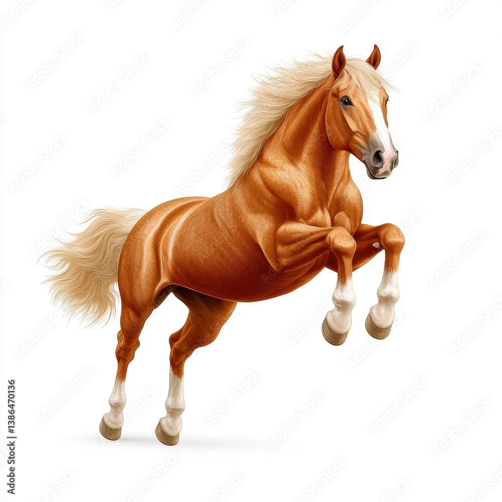 Obraz premium Leaping Light Brown Horse with White Legs and Flowing Mane on White Background