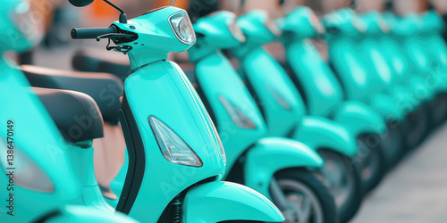 Street parking for electric new scooters. Group of electric scooters in outdoor parking. Eco-friendly vehicles.