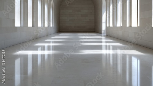 Empty, sunlit hallway with polished stone floor.  Sunlight streams through tall windows