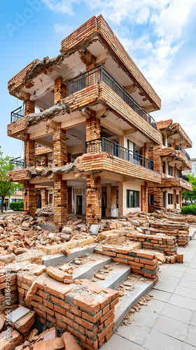 Partially destroyed multi-story brick building, rubble, daytime