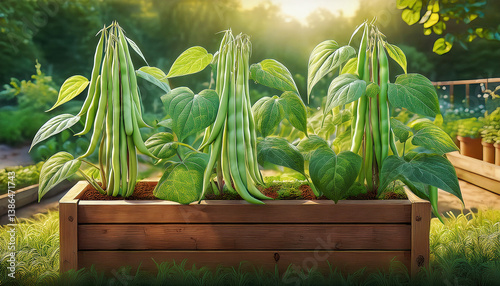Garden bounty: Fresh green beans flourish in a sun-drenched garden, representing growth, health, and the delights of homegrown produce.