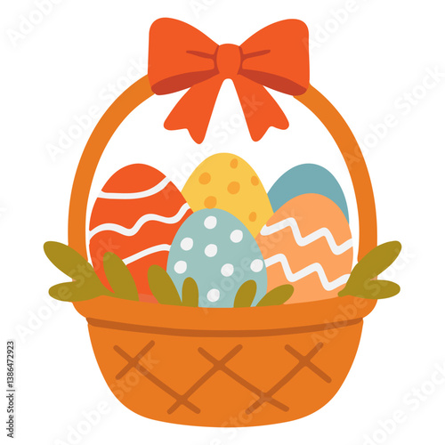 Cute Easter basket with colorful eggs and red bow illustration in trendy flat style isolated on white background. Perfect for greeting cards, holiday decorations, stickers, seasonal or kids design