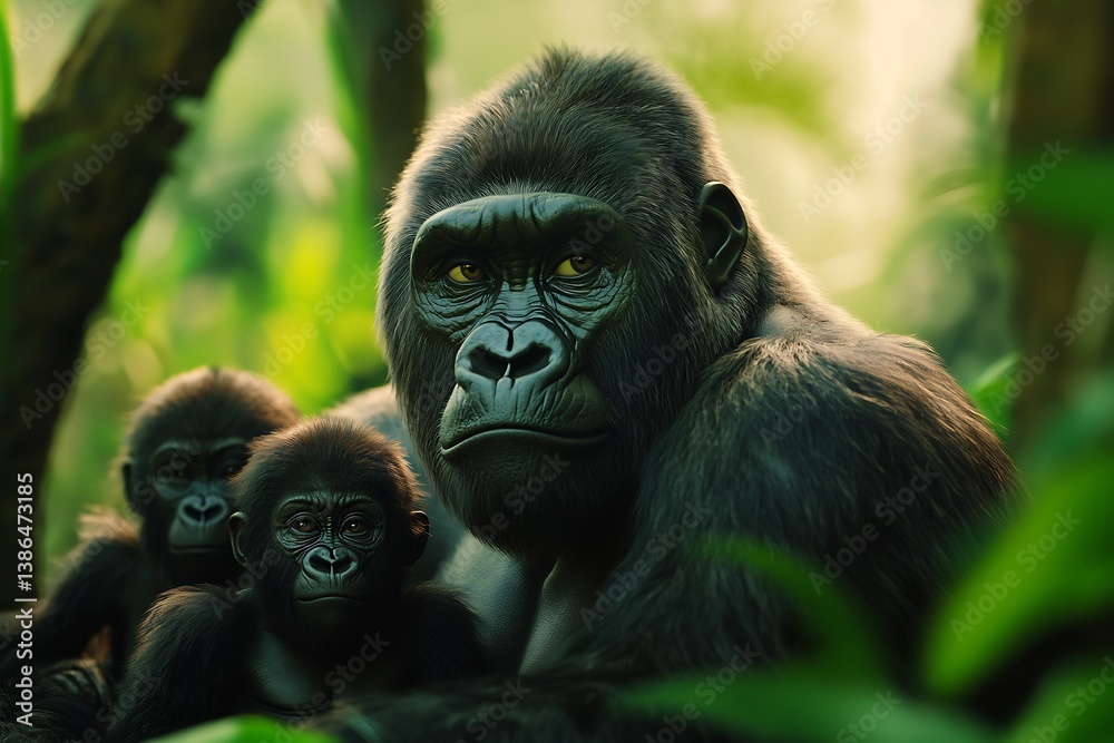 Obraz premium Cinematic portrait of a gorilla family in the jungle natural lighting high detail 8k resolution proportionate anatomy