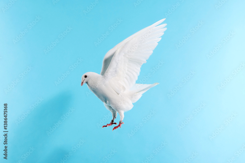 Fototapeta premium Beautiful white dove flying on light blue background
