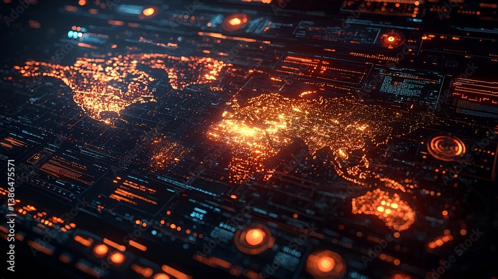Glowing world map on digital interface. Glowing world map on digital interface.