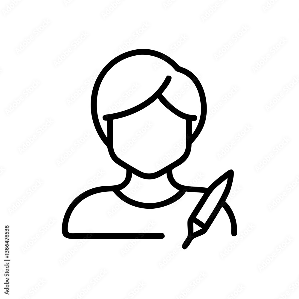 Icon of writer with pen in monochrome line art, creative work symbol Icon of writer with pen in monochrome line art, creative work symbol