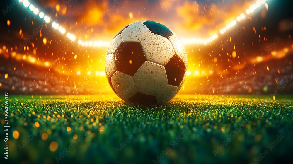 Fototapeta premium Fiery Soccer Goal Stadium Spotlight.