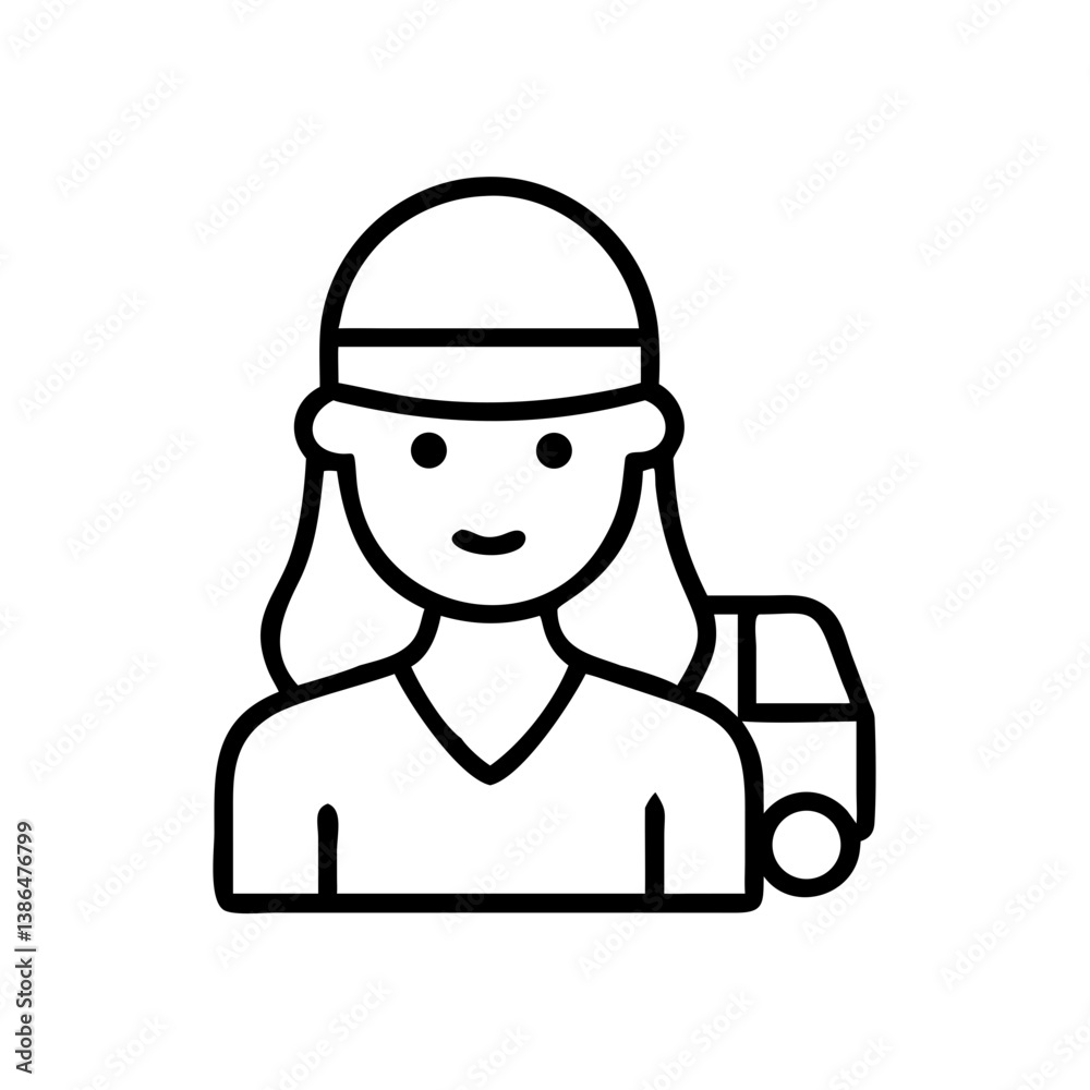 Female truck driver in cap with backpack, outline icon on white Female truck driver in cap with backpack, outline icon on white