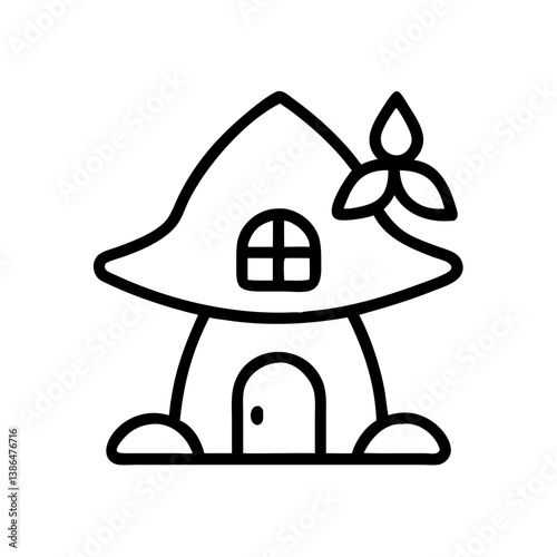 Miniature fairy house drawing, black and white, whimsical fantasy dwelling