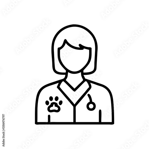 Female veterinarian holding paw icon, outline style for pet care