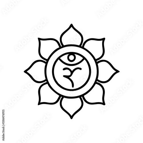 Chakra energy symbol in minimalist line style, black and white, spiritual healing concept