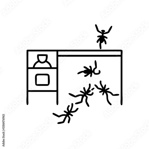 Ants in a line invading a kitchen countertop, black and white sketch