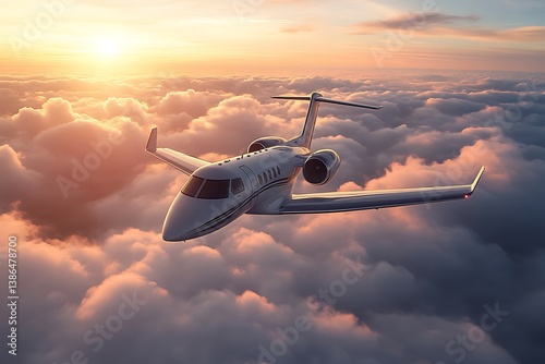 Flying Private Jet Above the Clouds at Sunset for Luxury Travel