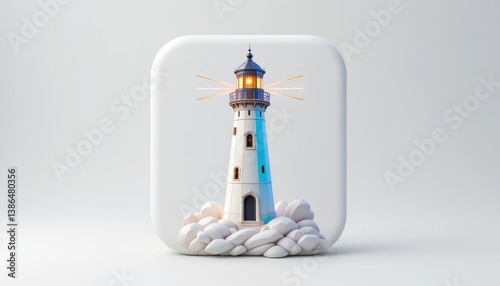 Glowing Lighthouse Tower on Rocks Inside Geometric Frame Illustration photo