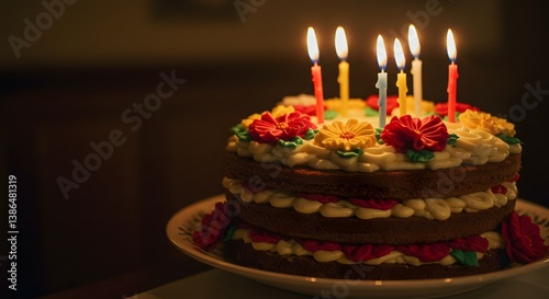Decorated birthday cake with candles