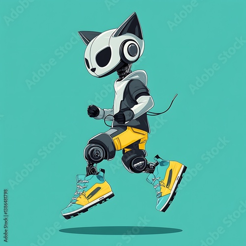 breakdancing robotic cat character in sneakers on green background