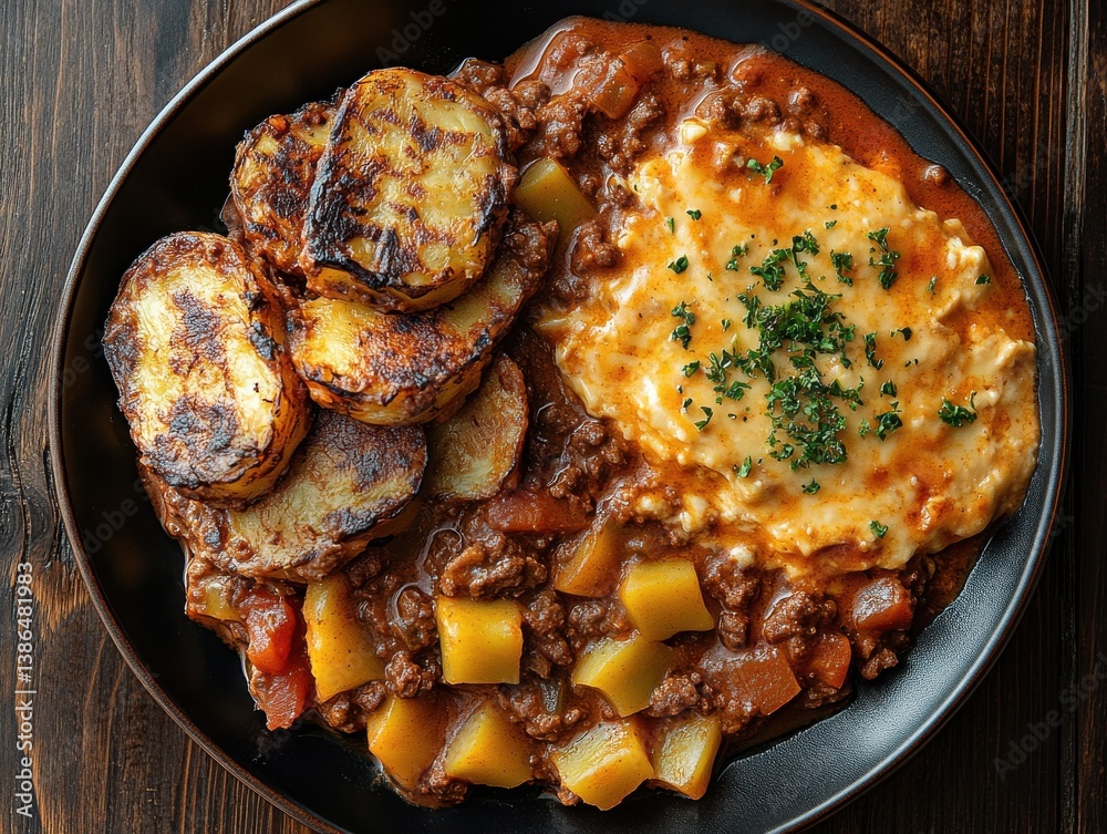 Hearty Beef Stew with Roasted Potatoes and Vegetables, Served on a Rustic Wooden Table. Homecooked Comfort Food for Family Gatherings in Autumn. Hearty Beef Stew with Roasted Potatoes and Vegetables, Served on a Rustic Wooden Table. Homecooked Comfort Food for Family Gatherings in Autumn.