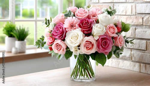 Fototapeta Naklejka Na Ścianę i Meble -  Elegant bouquet of pink, white, and rose roses in a clear glass vase, on a wooden table by a window