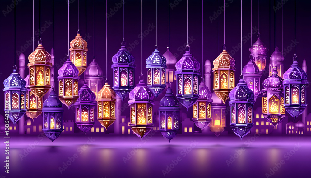 Obraz premium Illuminated lanterns hang over a city at night