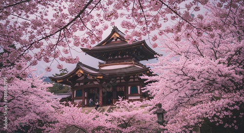 Cherry blossom trees surrounding a pagoda