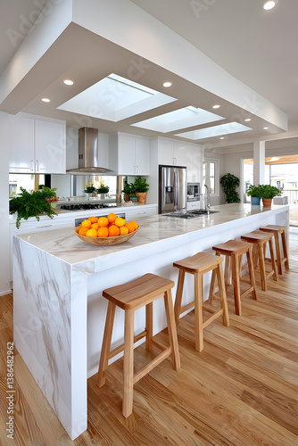 Modern kitchen with marble island, wooden stools, and skylights