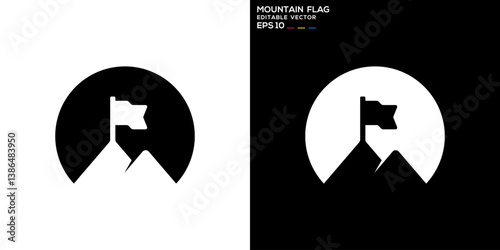Mountain flag logo. Sign, climber, peak. Vector icon symbol design template EPS 10.