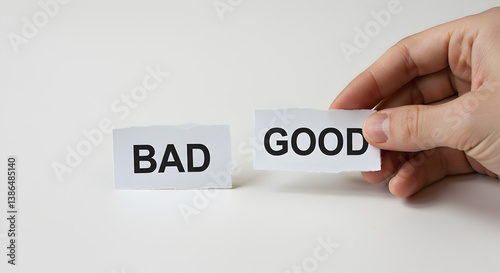 Hand Placing Torn Paper with Good and Bad on White Background in Concept of Choice