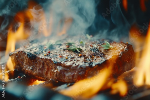A detailed close-up of a sizzling steak on a grill with flames and smoke. Featuring texture and bold flavors