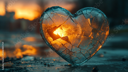 A transparent glass heart lies shattered on a sleek modern surface, symbolizing emotional fragility, lost love, and the delicate nature of human connection in a contemporary world.

