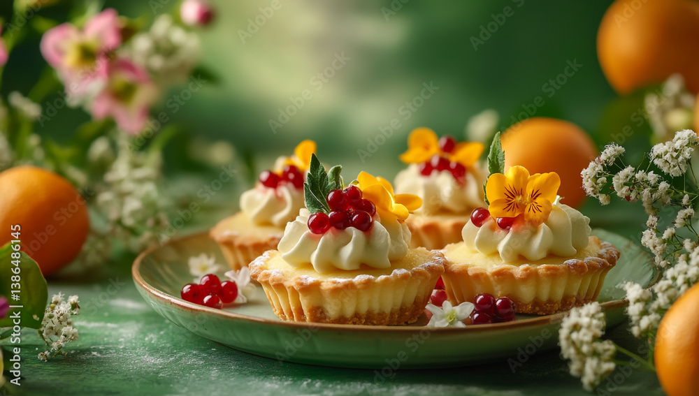 Elegant fruit tart with creamy filling, beautifully presented on a delicate plate, surrounded by vibrant flowers and garnished with fresh fruit. Elegant fruit tart with creamy filling, beautifully presented on a delicate plate, surrounded by vibrant flowers and garnished with fresh fruit.
