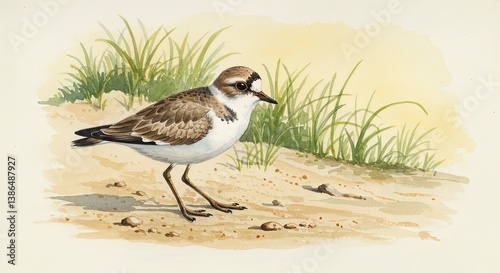 Little Ringed Plover Bird Foraging Coastal Habitat Watercolor Illustration Wildlife Art