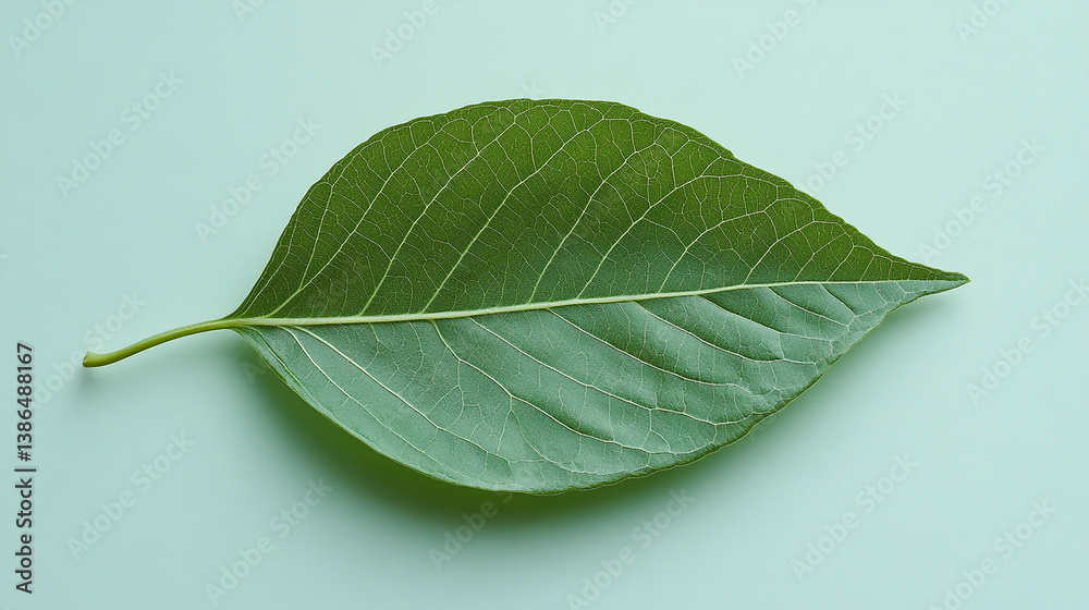 Fototapeta premium Single green leaf placed flat on a pastel background