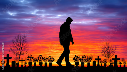 Silhouetted figure walks past graves at sunset
