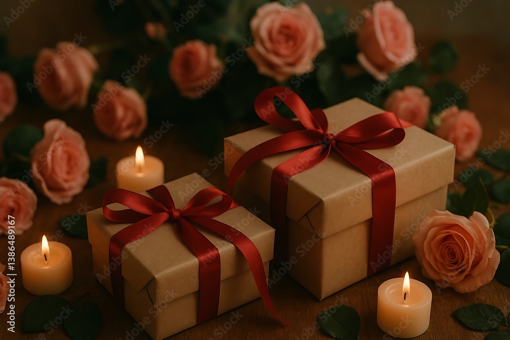 Gift of Affection: Two elegantly wrapped presents, adorned with luxurious red ribbons, rest alongside soft-hued roses and softly glowing candles, creating a warm and romantic atmosphere. Gift of Affection: Two elegantly wrapped presents, adorned with luxurious red ribbons, rest alongside soft-hued roses and softly glowing candles, creating a warm and romantic atmosphere.