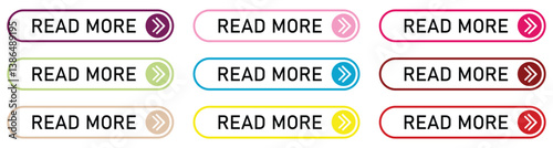 Set of Read More colorful button set with icons Web Isolated on white background.