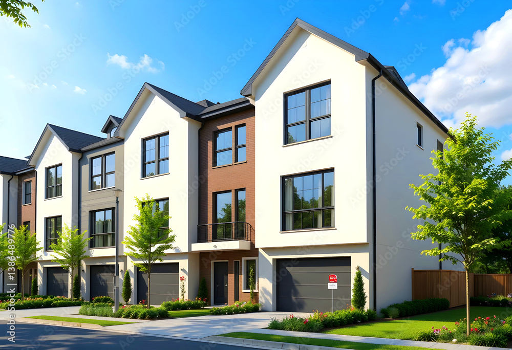 Exterior view of brand-new townhouses. A contemporary apartment complex during the summer. Exterior view of brand-new townhouses. A contemporary apartment complex during the summer.