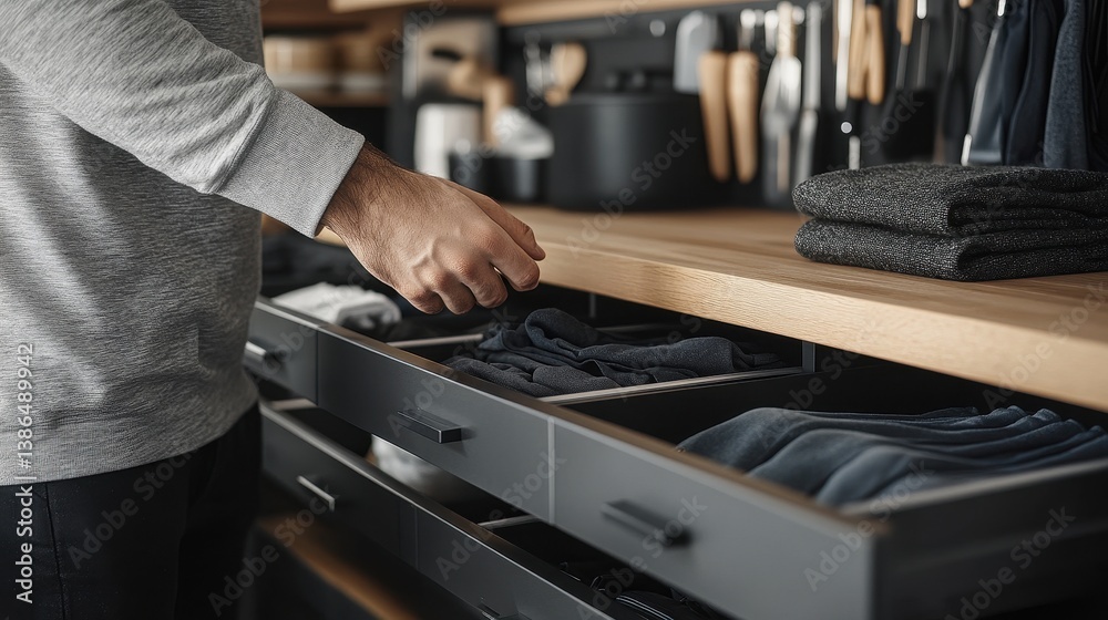 Organizing a minimalist kitchen drawer with neatly folded clothes during a morning routine at home Organizing a minimalist kitchen drawer with neatly folded clothes during a morning routine at home