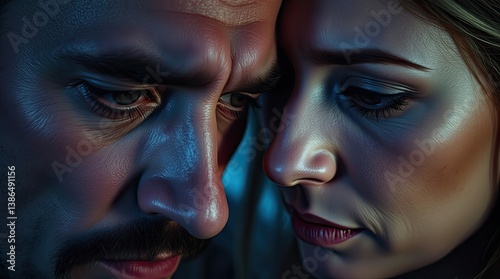 Two people share an intimate moment their faces close together. Their expressions convey deep emotions highlighting intimacy and vulnerability in a soft light