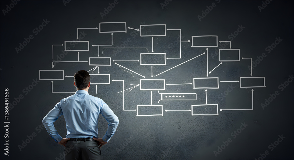 Businessman in Blue Shirt Contemplating a Flowchart on a Dark Gray Textured Background with White Connected Boxes Businessman in Blue Shirt Contemplating a Flowchart on a Dark Gray Textured Background with White Connected Boxes