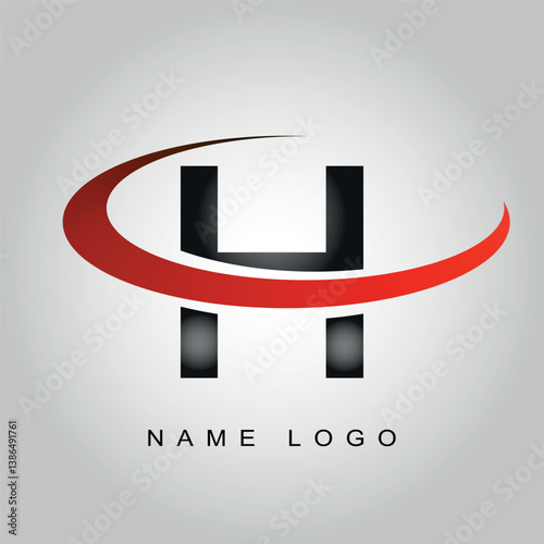H logo typography with red circle swoosh, space and high tech logo idea letter H