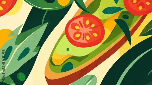 A fresh avocado toast topped with tomatoes, arugula, and a drizzle of olive oil. Featuring healthy eating and vitality