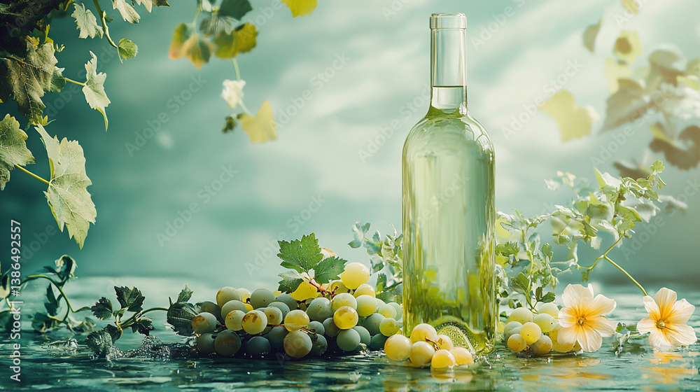 Fototapeta premium White wine bottle with grapes, vineyard background, sunny day, drink concept