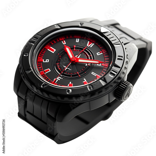 Matte Black Diving Watch with Red Accents Isolated on Transparent Background