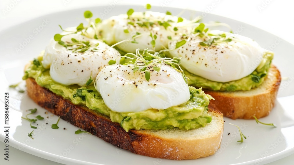 A fresh avocado toast with poached eggs and microgreens. Featuring healthy breakfasts A fresh avocado toast with poached eggs and microgreens. Featuring healthy breakfasts