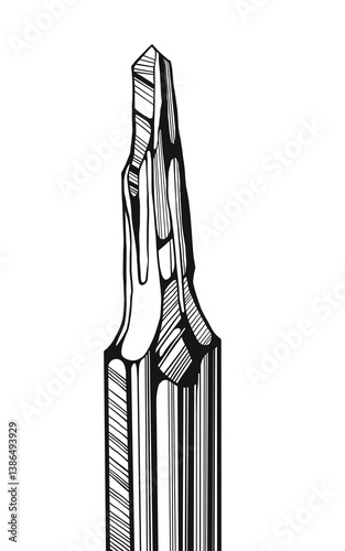 Macro illustration of sharpened pencil tips with graphic contour lines and bold contrast. Stylized hand-drawn composition emphasizing shape and structure in minimal black and white.