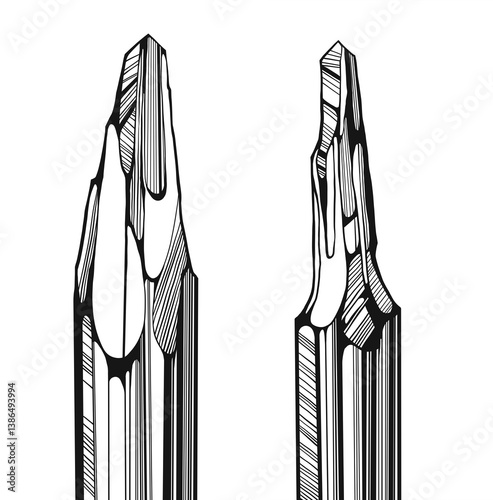 Macro illustration of sharpened pencil tips with graphic contour lines and bold contrast. Stylized hand-drawn composition emphasizing shape and structure in minimal black and white.