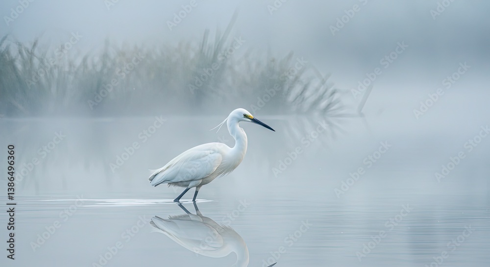 Elegant White Egret Wading in Misty Lake Serene Nature Scene Reflective Calm Waters Elegant White Egret Wading in Misty Lake Serene Nature Scene Reflective Calm Waters