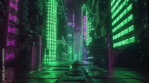 A vibrant, futuristic cityscape featuring towering neon skyscrapers illuminated in green and purple hues, with a reflective street leading into a misty background, evoking a sense of adventure