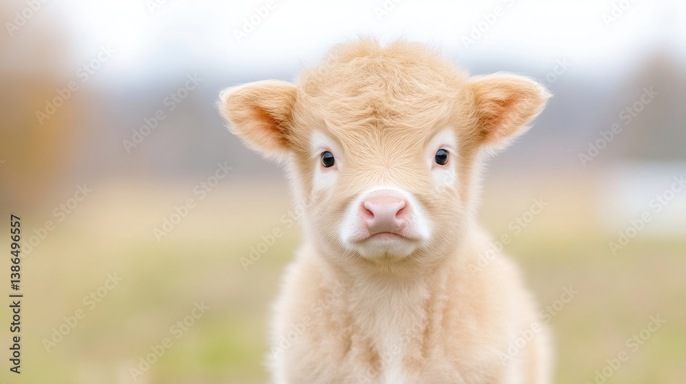 A light beige calf stares directly at the camera. Its soft fur is prominent. The shallow depth of field blurs a grassy background. The image is high quality with natural lighting, creating a warm a A light beige calf stares directly at the camera. Its soft fur is prominent. The shallow depth of field blurs a grassy background. The image is high quality with natural lighting, creating a warm a