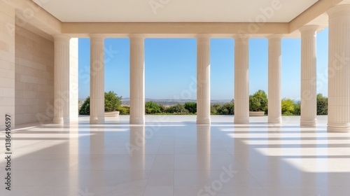 A sunlit colonnade features numerous evenly spaced, tall pillars supporting a flat roof. The polished floor reflects light. A tranquil landscape is visible through the columns. The image is high-qua